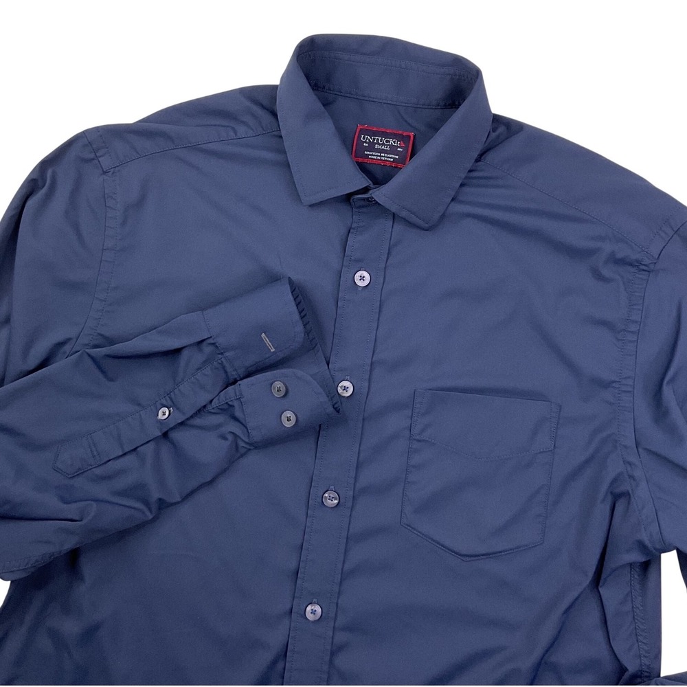 Untuckit Shirt Men Sz S Button Up Long Sleeve Blue Nylon Pocket Casual Career